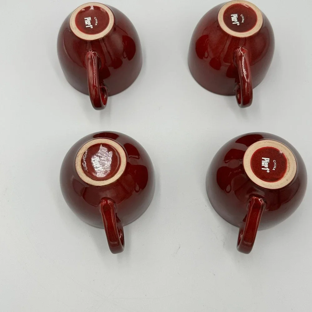 Pier 1 Coffee Mugs Set of 4 Brown 12oz Glossy Stoneware Round Tea Cups Tote N